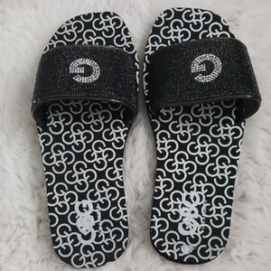 GBG Los Angeles Monogram Slide Sandals - Black and White